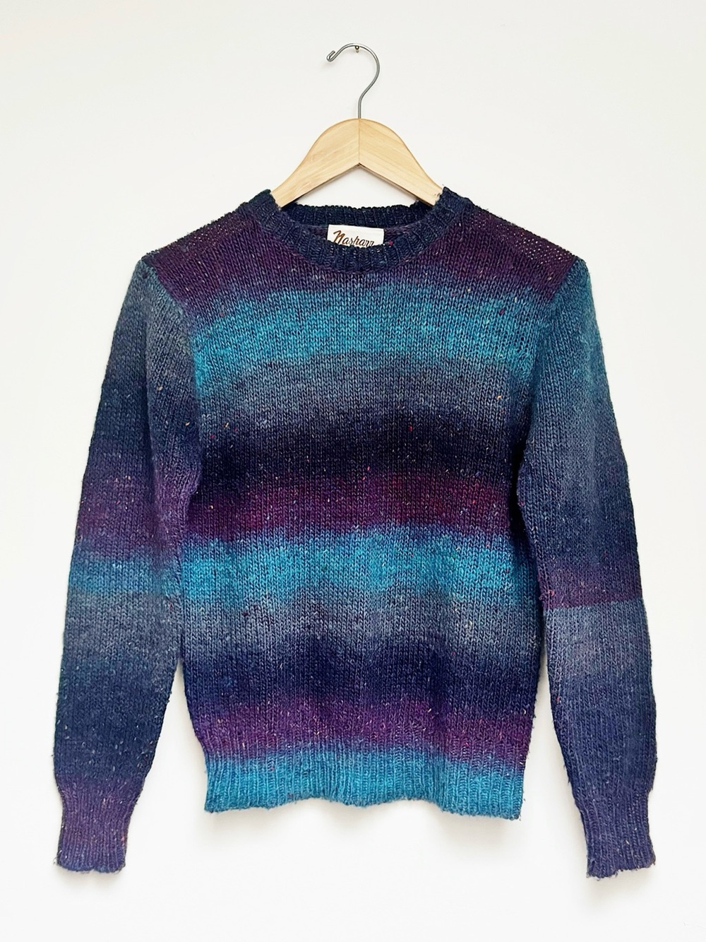 70s VTG ombre long sleeve sweater - navy blue purple stripe knit pullover